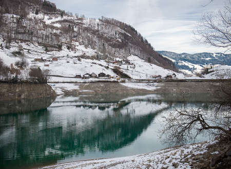Aerial view of mountains lake Lungernersee, Lungern, Switzerlandの写真素材