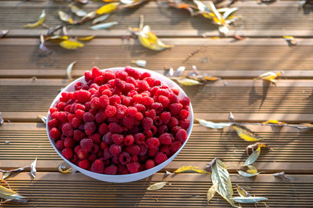 Fresh raspberries in a white bowl on the background of a wooden terrace and autumn leavesの写真素材
