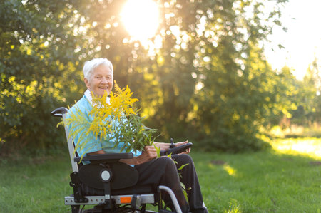 happy old senior woman sitting in a wheelchair and holding a bouquet of yellow wildflowersの写真素材