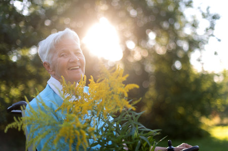 happy old senior woman sitting in a wheelchair and holding a bouquet of yellow wildflowersの写真素材