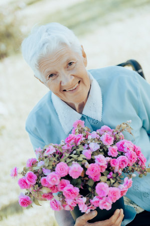 Rear view on disabled old woman in a wheelchair on the highwayの写真素材
