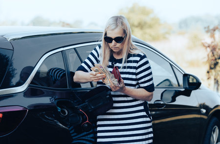 Desperate woman hold cash dollar bills next to car with an open tank, concept of rising fuel pricesの写真素材