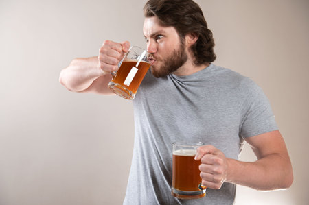 Man Drinking Beer Isolated On Light Gray Backgroundの写真素材