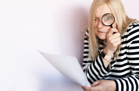 Funny mature woman  standing isolated over light background, reading document with magnifying glass