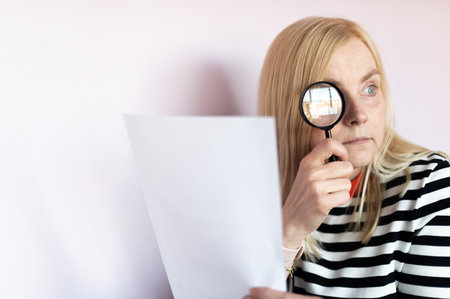 Woman looking through magnifying glass or loupeの写真素材