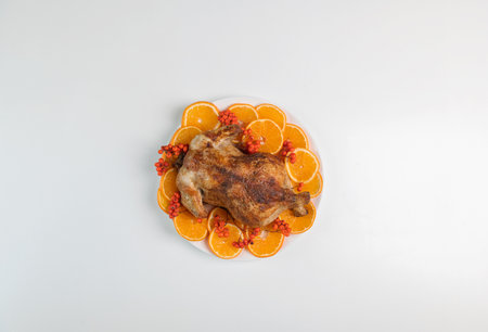 Traditional Christmas or thanksgiving roasted turkey, garnished with orange fruit slices and rowan berries isolated on white backgroundの写真素材