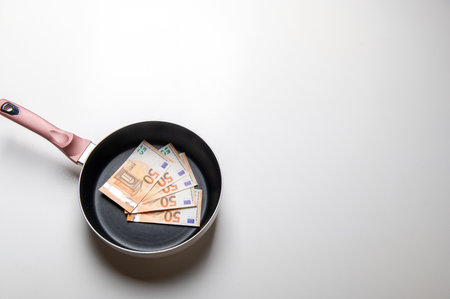 New frying pan with money euro banknotes on a white background.の写真素材