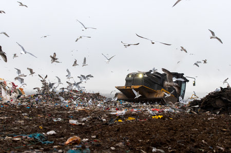 Machinery working on waste in landfill, refuse collection with bulldozer, a lots of birdsの写真素材