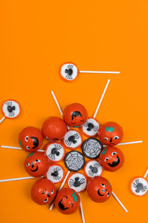 Halloween candy with black spiders,cobweb,smiling and angry pumkins on orange color background,top viewの写真素材
