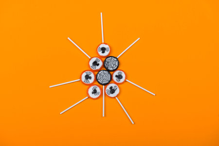 Halloween candy with black spiders and cobweb on orange color background,top viewの写真素材