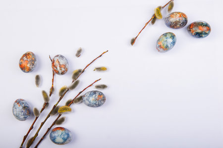 Easter background flat lay with branches pussy willows and colorful painted eggs on whiteの写真素材