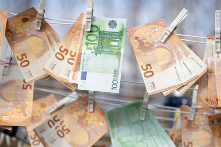 100 and 50 euro banknotes drying. Washed Euro paper bills. Drying euro on a string.Money laundering.Dirty moneyの写真素材