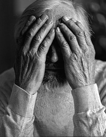 A tired, broken, resigned, preoccupied elderly man sits in front of a laptop, computer and covers his face with his hand.の写真素材