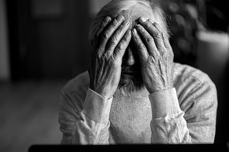 A tired, broken, resigned, preoccupied elderly man sits in front of a laptop, computer and covers his face with his hand.の写真素材