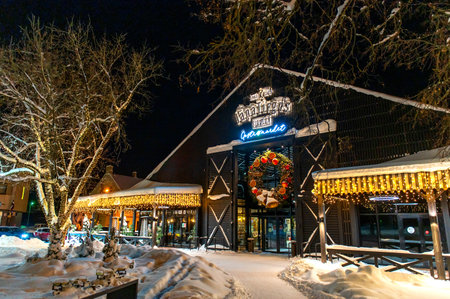 SIGULDA, LATVIA - DECEMBER 05,2021: John's Market building decorated and illuminated for Christmas in city Sigulda, Latviaのeditorial素材