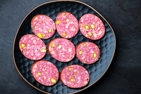 Traditional smoked salami sausage with spices and pistachios on black.Salami sausage slices on a...