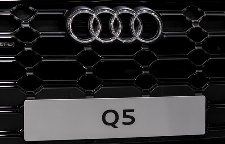 Riga,Latvia - April 29, 2022: New Audi Q5 S line logo on the radiator of a luxury car.のeditorial素材