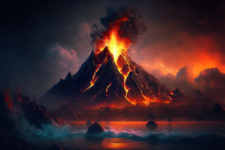Volcanic eruption with fire lava emissions and dark smoke, generated Midjourney AIの写真素材