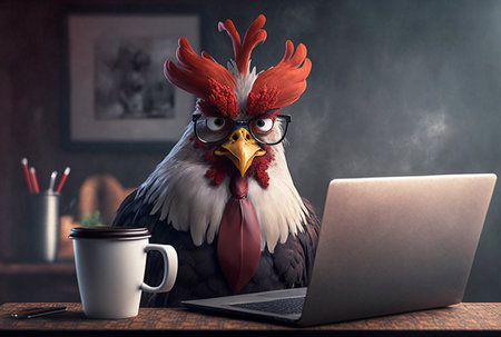 Angry rooster company boss working with laptop in office. Generative AIの写真素材