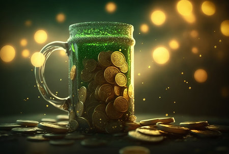 St.Patrick 's day  background with green beer and golden coins. Generative AIの写真素材