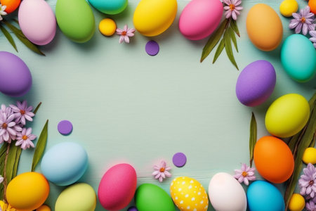 Colorful spring Easter background with painted eggs and flowers, generative aiの写真素材