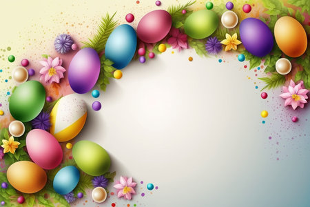 Colorful spring Easter background with painted eggs and flowers, generative ai