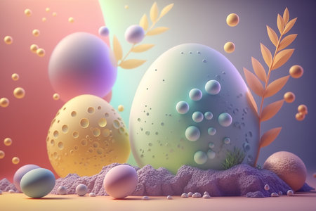 Pastel color spring easter background with paintig decorative eggs, generative aiの写真素材