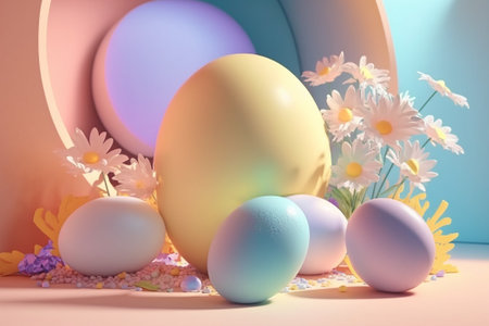 Pastel color spring easter background with  decorative eggs and flowers, generative ai