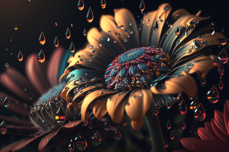 Abstract macro fantasy of dew drops on colorful garden flower in golden sunlight, generative aiの写真素材