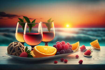Summer holiday background with cocktail glasses on tropical beach sunset background, generative aiの素材