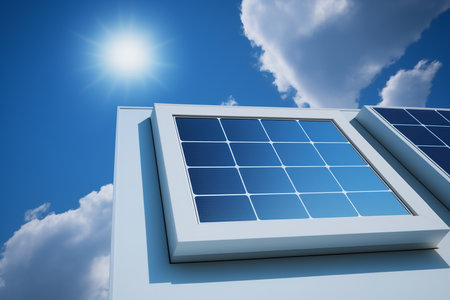 Solar panels on the roof of the house, blue sky background. Generative AI.の素材