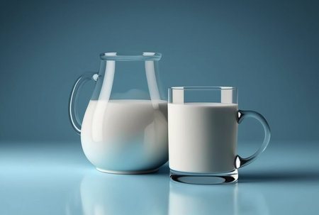 A glass and a mug with milk on a blue backgroundの素材