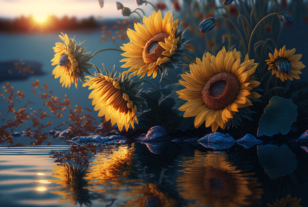Yellow sunflowers with reflection in water, excellent summer flowers background, generative aiの素材