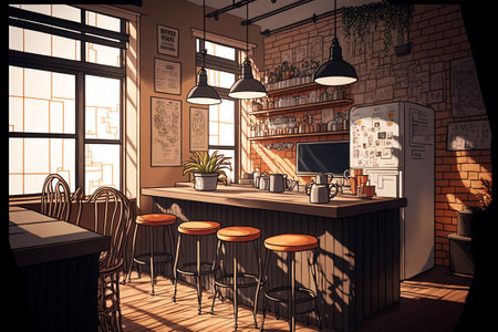 Empty modern cafe interior with chairs and tables, generative aiの素材