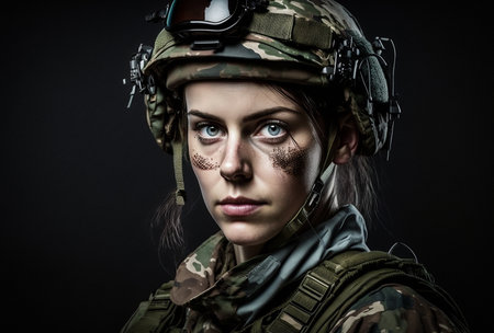 Portrait of a strong Ukrainian woman in a soldier's uniform on a dark background, generative aiの素材
