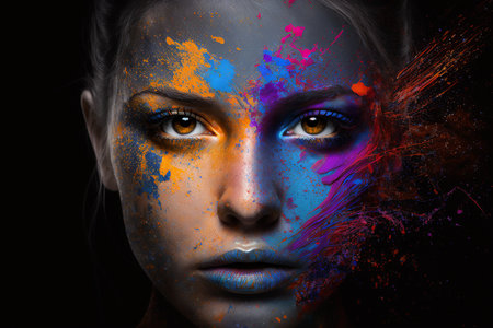 Close-up of woman's face with multicolored holi festive powder. Generative AI.の素材