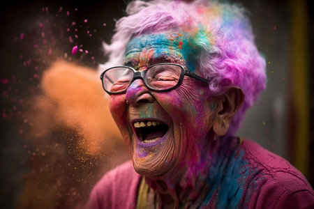 An old woman laughs heartily in the dust of colored powder during the holi festival. Generative AI.の素材