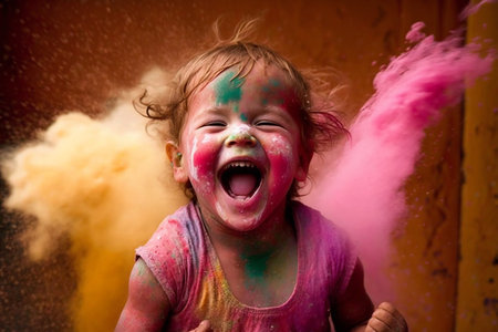 Holi festival, portrait of happy child. Colorful holi powder. Generative AIの素材