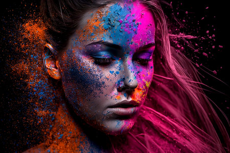 Close-up of woman's face with multicolored holi festive powder. Generative AI.の素材