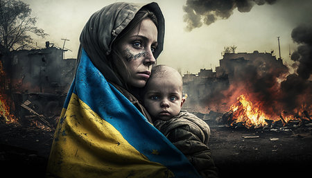 Ukrainian mother with a baby and a flag on the background of a burning city. Generative AI.の素材