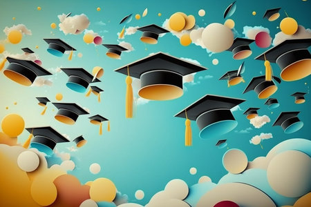 Illustration of graduation caps thrown into air. Generative AI.の素材