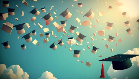 Illustration of graduation caps thrown into air. Generative AI.の素材