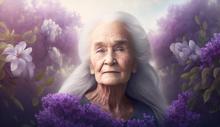 Portrait of elderly woman with long gray hair on the background of blooming nature, generative aiの素材
