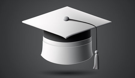 Stylized white graduation cap isolated on grey background. Generative AI.の素材