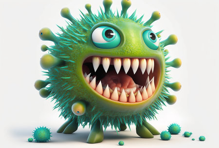 Illustration of funny green virus character with happy face isolated on white. Generative AI.の素材