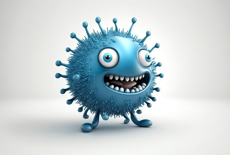 Illustration of funny blue virus character with happy face isolated on white. Generative AI.の素材