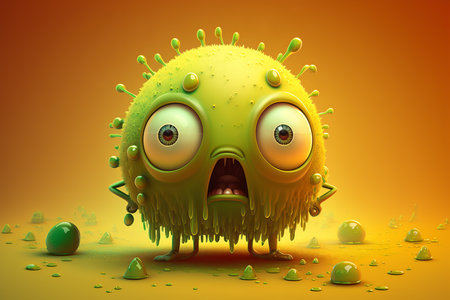 Illustration of funny green virus character with angry face isolated on yellow. Generative AI.の素材