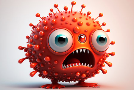 Illustration of funny red virus character with angry face isolated on white. Generative AI.の素材
