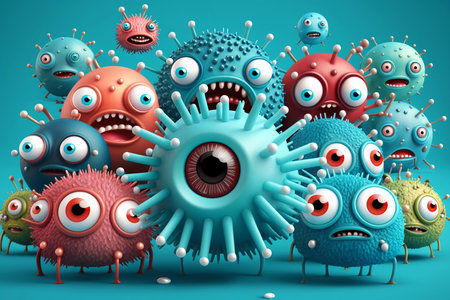 Group of funny multi-colored virus character with angry faces isolated on blue. Generative AI.の素材