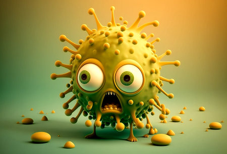 Illustration of funny green virus character with angry face isolated on yellow. Generative AI.の素材